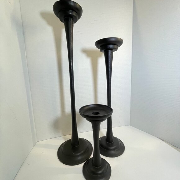 Set Of 3 Black Cast Iron Pottery Barn Candle Holders - Picture 2 of 12